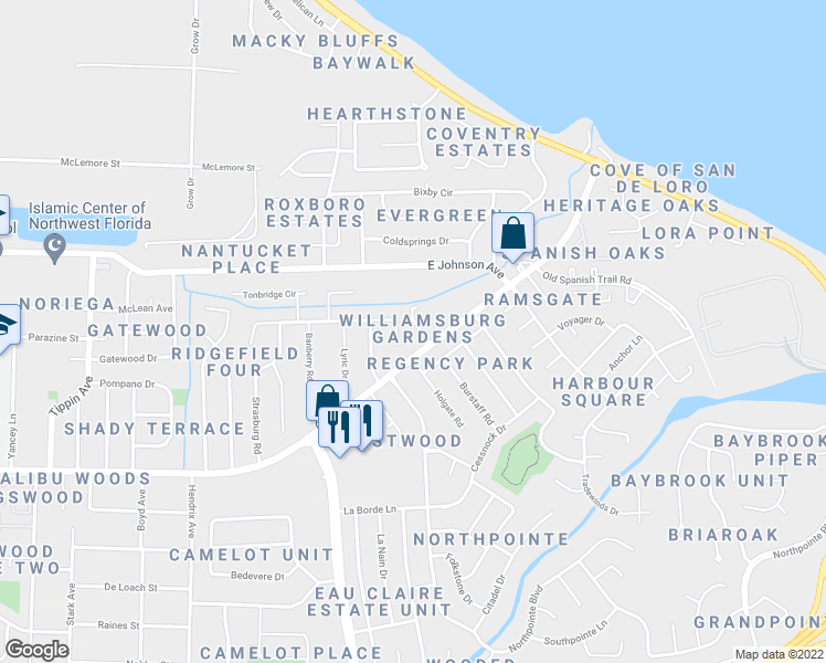 map of restaurants, bars, coffee shops, grocery stores, and more near 8413 Williamsburg Circle in Pensacola