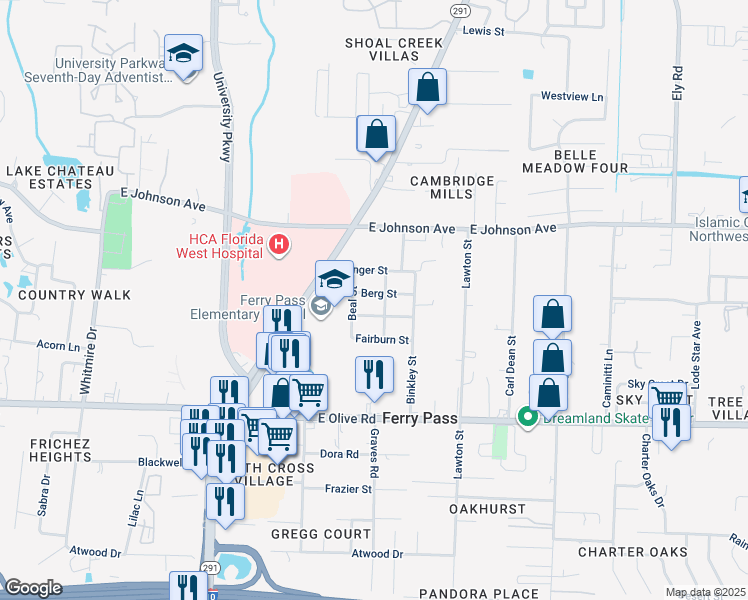 map of restaurants, bars, coffee shops, grocery stores, and more near 2265 Berg Street in Pensacola