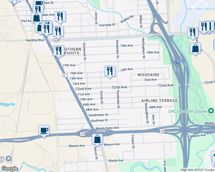 map of restaurants, bars, coffee shops, grocery stores, and more near 2155 72nd Avenue in Baton Rouge
