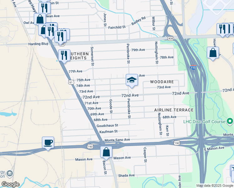 map of restaurants, bars, coffee shops, grocery stores, and more near 2155 72nd Avenue in Baton Rouge