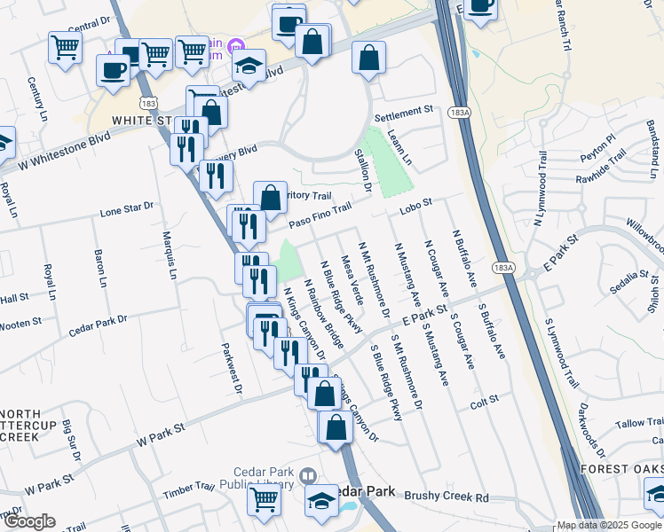map of restaurants, bars, coffee shops, grocery stores, and more near 307 Mesa Verde in Cedar Park