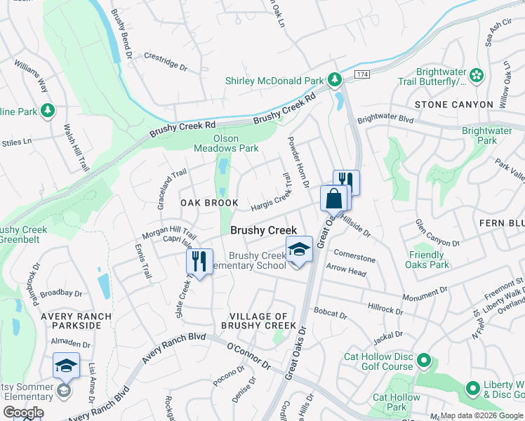 map of restaurants, bars, coffee shops, grocery stores, and more near 1415 Hargis Creek Trail in Austin