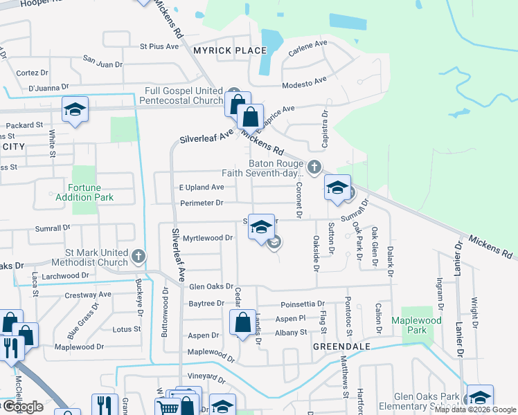 map of restaurants, bars, coffee shops, grocery stores, and more near 7136 Perimeter Drive in Baton Rouge