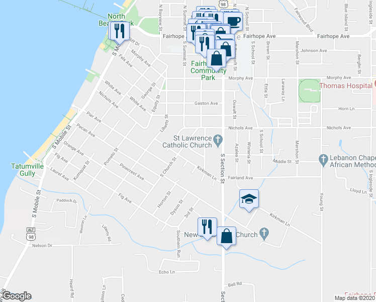 map of restaurants, bars, coffee shops, grocery stores, and more near 246 Burgundy Street in Fairhope