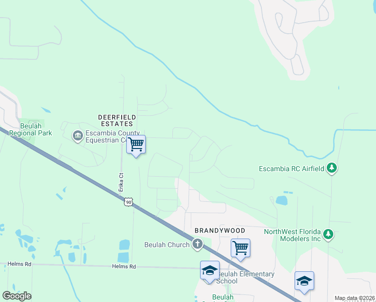 map of restaurants, bars, coffee shops, grocery stores, and more near Steeplechase Blvd in Pensacola