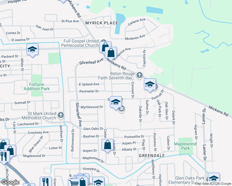 map of restaurants, bars, coffee shops, grocery stores, and more near 7144 Perimeter Drive in Baton Rouge
