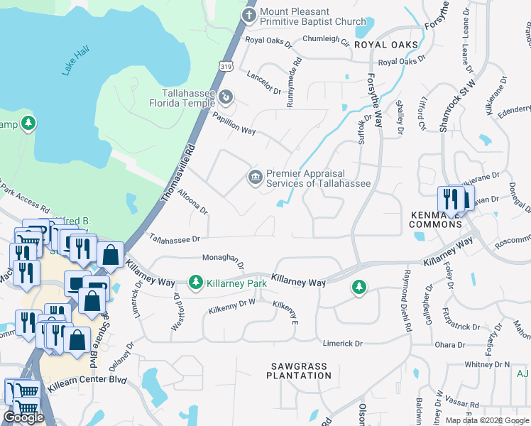 map of restaurants, bars, coffee shops, grocery stores, and more near 3710 Randall Street in Tallahassee