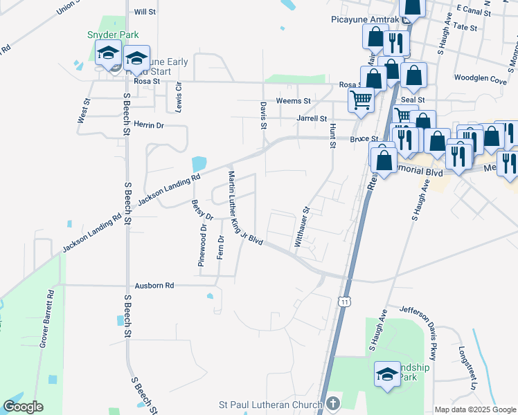 map of restaurants, bars, coffee shops, grocery stores, and more near 1107 Merrydale Drive in Picayune
