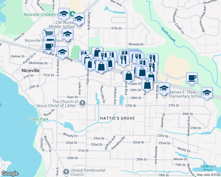 map of restaurants, bars, coffee shops, grocery stores, and more near 322 McEwen Drive in Niceville