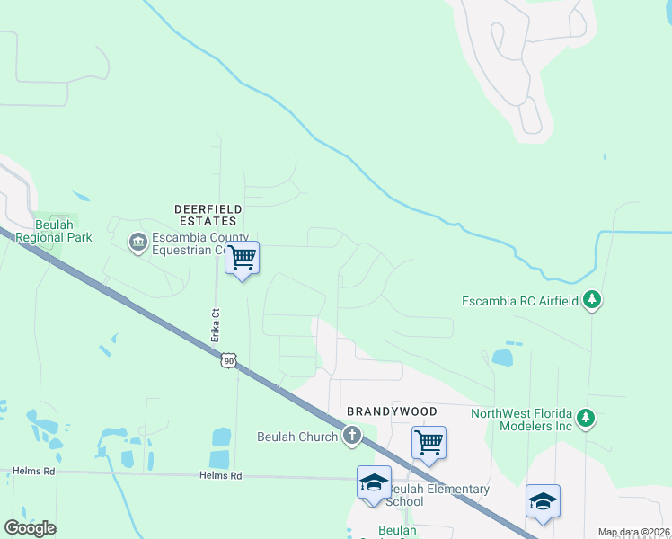 map of restaurants, bars, coffee shops, grocery stores, and more near Steeplechase Blvd in Pensacola
