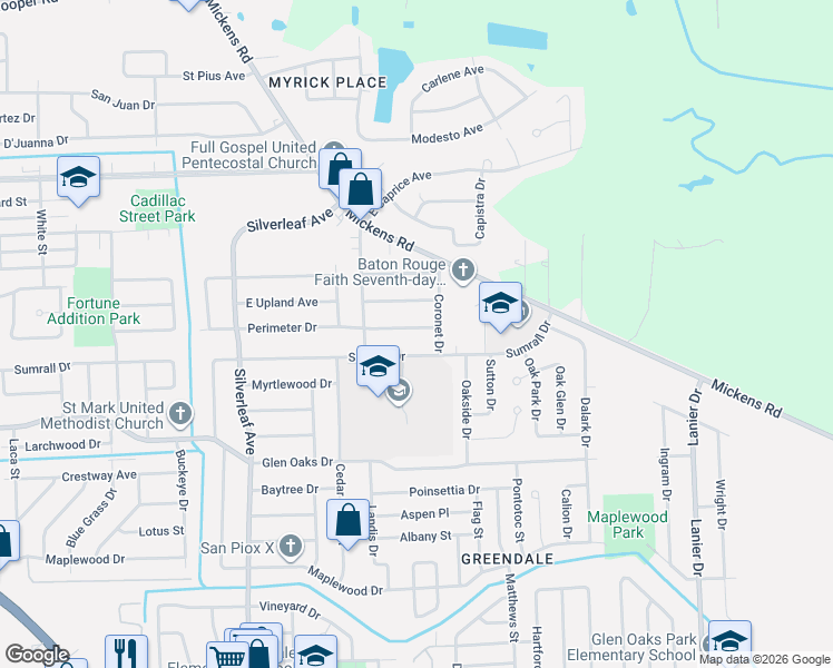 map of restaurants, bars, coffee shops, grocery stores, and more near 7234 Perimeter Drive in Baton Rouge