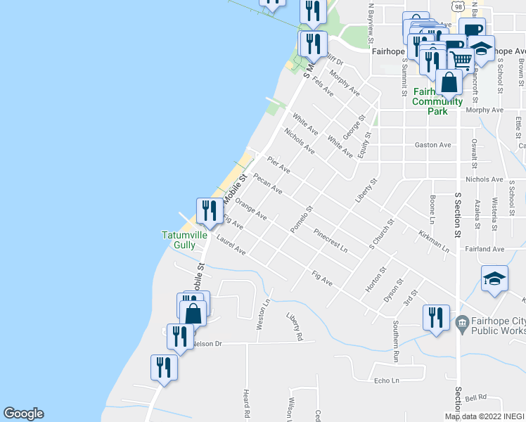 map of restaurants, bars, coffee shops, grocery stores, and more near 103 Orange Avenue in Fairhope