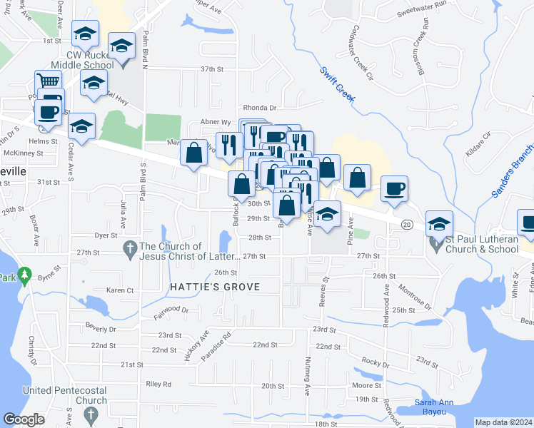 map of restaurants, bars, coffee shops, grocery stores, and more near 1409 29th Street in Niceville