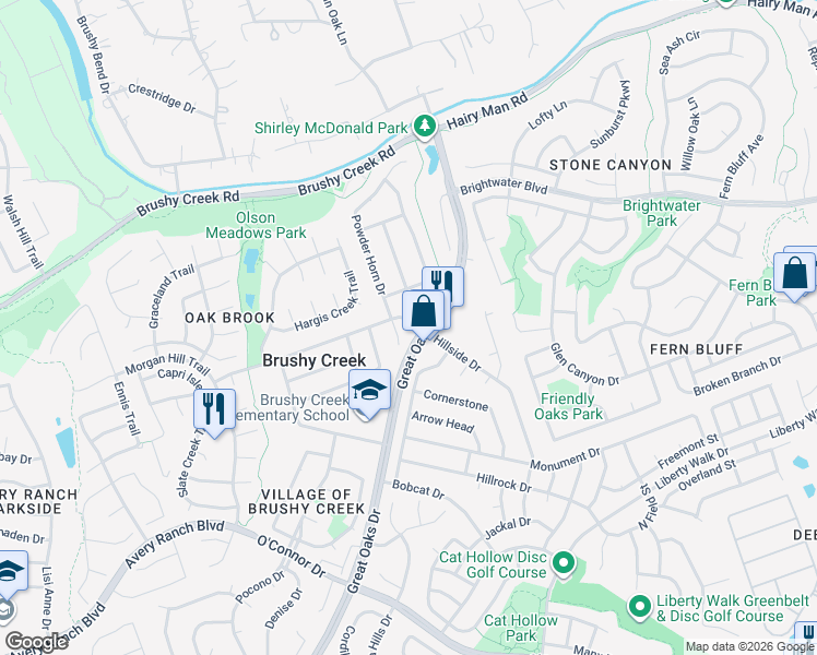 map of restaurants, bars, coffee shops, grocery stores, and more near 3703 Hillside Drive in Round Rock
