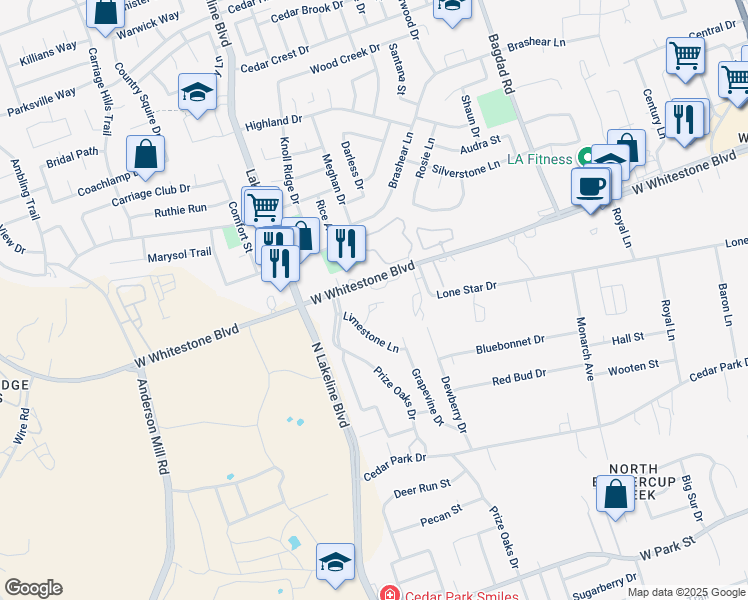 map of restaurants, bars, coffee shops, grocery stores, and more near 905 Quartz Court in Cedar Park