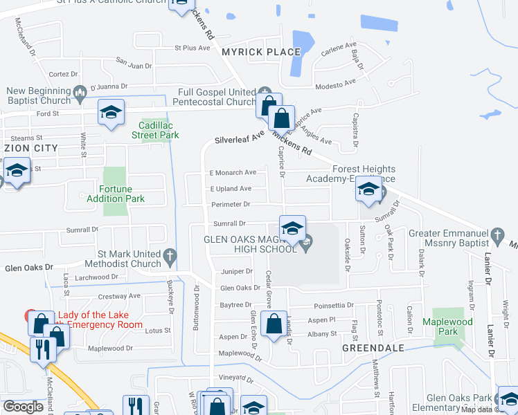 map of restaurants, bars, coffee shops, grocery stores, and more near 6944 Perimeter Drive in Baton Rouge