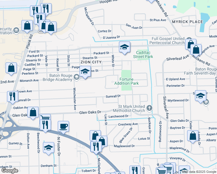 map of restaurants, bars, coffee shops, grocery stores, and more near 5651 East Crown Avenue in Baton Rouge