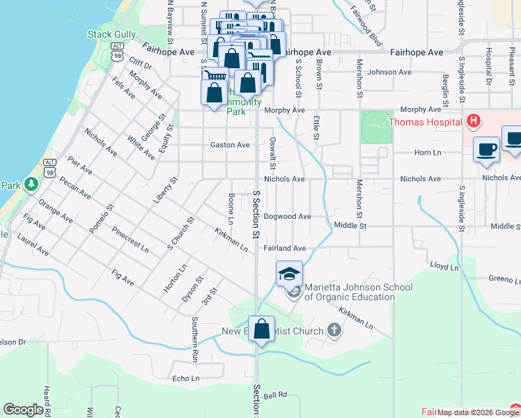 map of restaurants, bars, coffee shops, grocery stores, and more near 399 S Section St in Fairhope