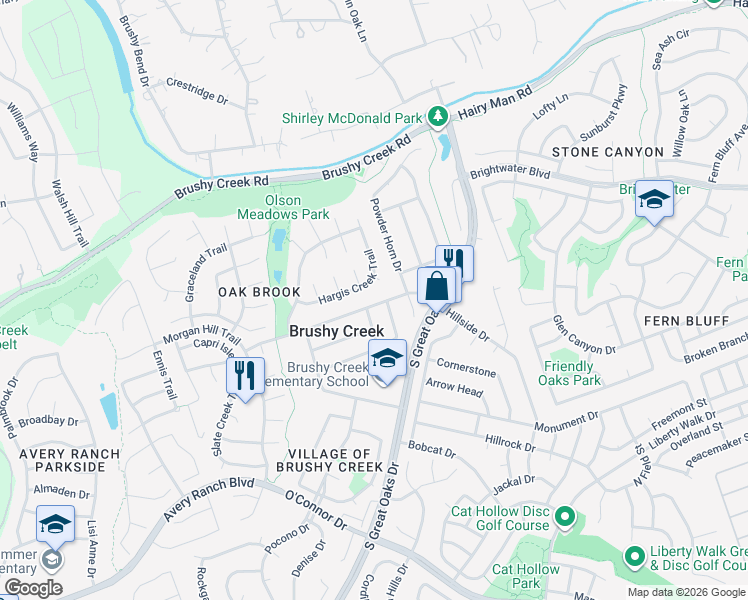 map of restaurants, bars, coffee shops, grocery stores, and more near 3906 Hillside Drive in Round Rock