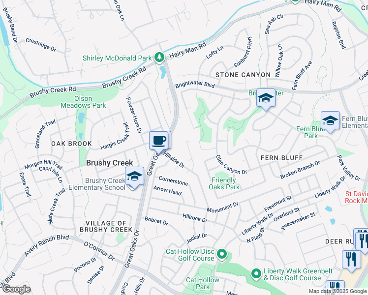 map of restaurants, bars, coffee shops, grocery stores, and more near 619 Rollingway Drive in Round Rock