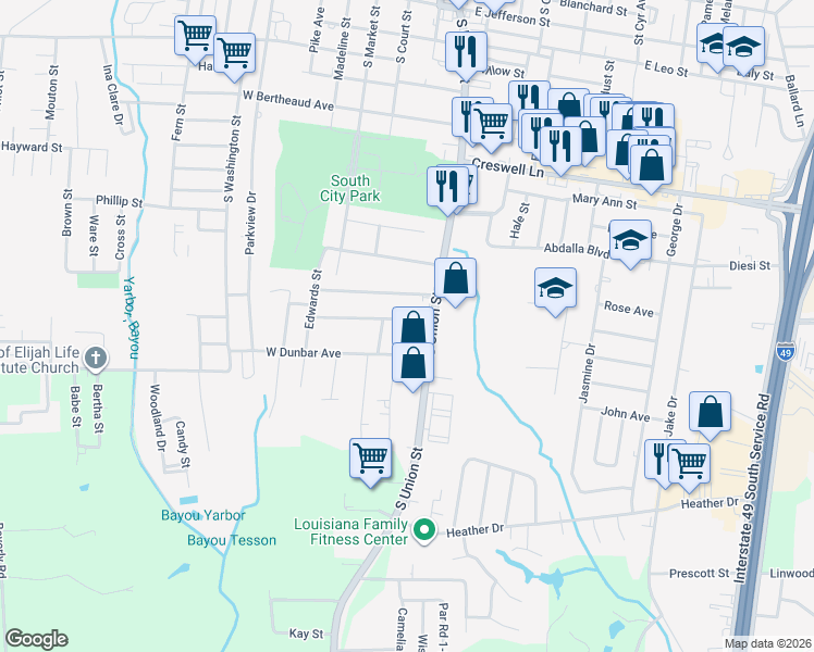 map of restaurants, bars, coffee shops, grocery stores, and more near 1921-1998 Goudeau Street in Opelousas