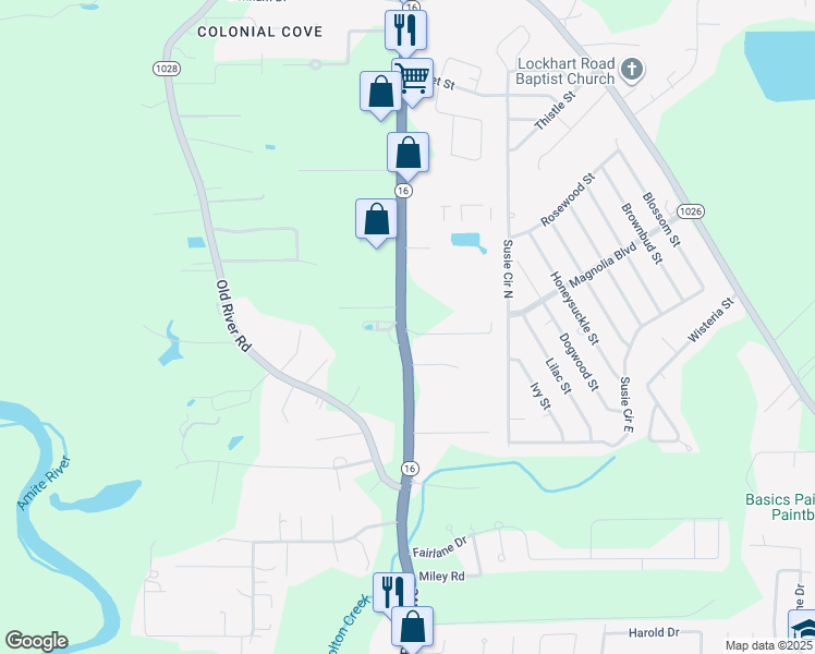 map of restaurants, bars, coffee shops, grocery stores, and more near 30914 Louisiana 16 in Denham Springs