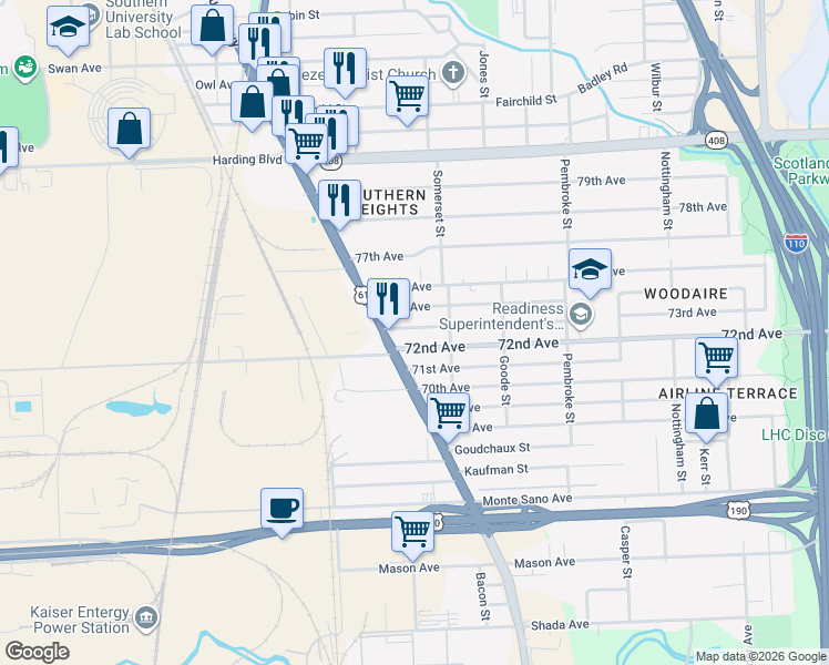 map of restaurants, bars, coffee shops, grocery stores, and more near 1783 72nd Avenue in Baton Rouge