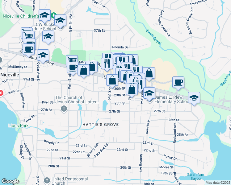 map of restaurants, bars, coffee shops, grocery stores, and more near 1419 29th Street in Niceville