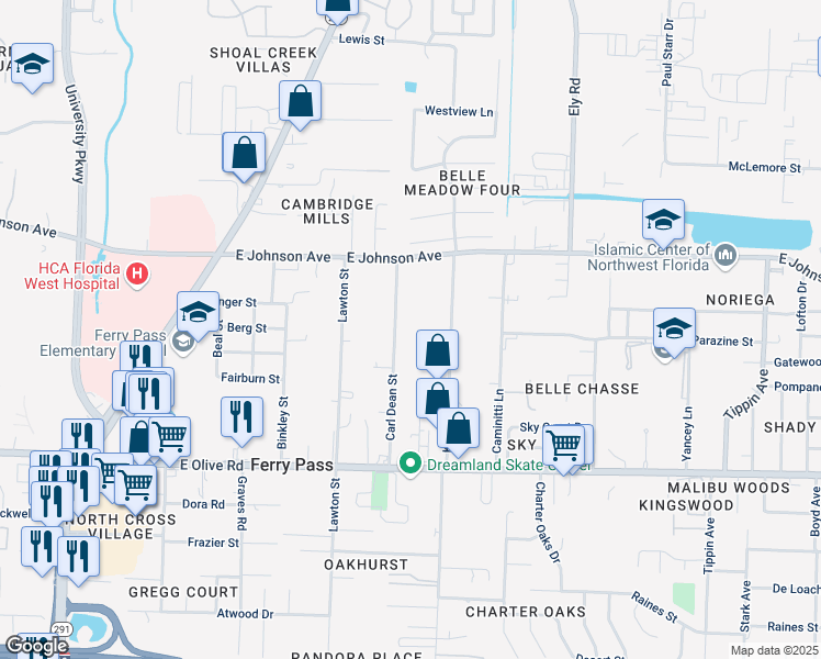 map of restaurants, bars, coffee shops, grocery stores, and more near 8370 Carl Dean Street in Pensacola