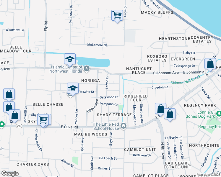 map of restaurants, bars, coffee shops, grocery stores, and more near 3620 Juanita Drive in Pensacola
