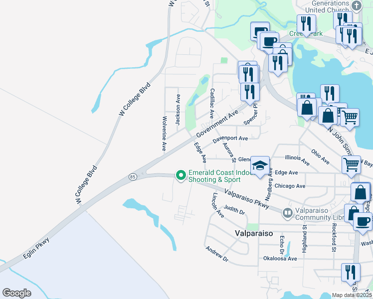 map of restaurants, bars, coffee shops, grocery stores, and more near 425 Government Avenue in Valparaiso