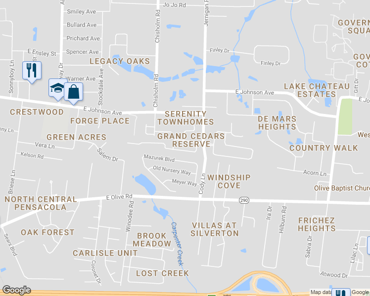 map of restaurants, bars, coffee shops, grocery stores, and more near 1750 Cedrus Lane in Pensacola