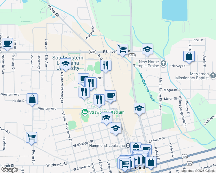map of restaurants, bars, coffee shops, grocery stores, and more near 1108 North Oak Street in Hammond