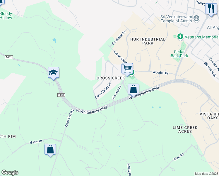 map of restaurants, bars, coffee shops, grocery stores, and more near 13115 Fawn Valley Drive in Cedar Park