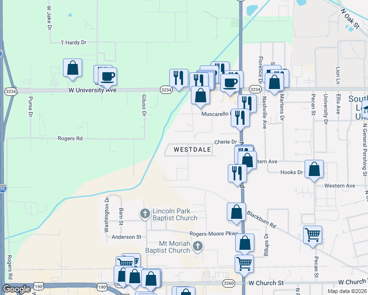 map of restaurants, bars, coffee shops, grocery stores, and more near 1301 Belfast Drive in Hammond