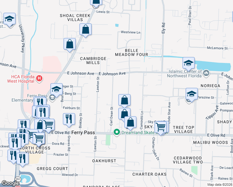 map of restaurants, bars, coffee shops, grocery stores, and more near 8370 Carl Dean Street in Pensacola