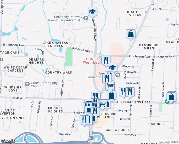 map of restaurants, bars, coffee shops, grocery stores, and more near 8283-8425 University Parkway in Pensacola