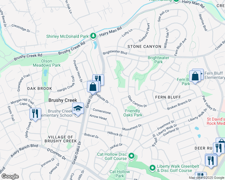 map of restaurants, bars, coffee shops, grocery stores, and more near 619 Rollingway Drive in Round Rock