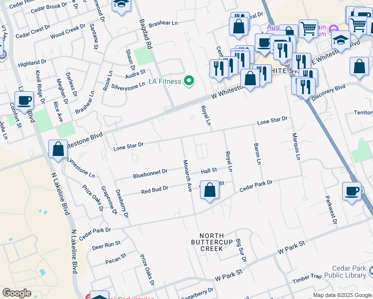 map of restaurants, bars, coffee shops, grocery stores, and more near 810 Monarch Avenue in Cedar Park
