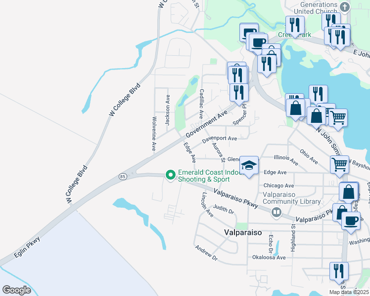 map of restaurants, bars, coffee shops, grocery stores, and more near 429 Edge Avenue in Valparaiso