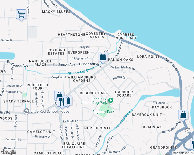 map of restaurants, bars, coffee shops, grocery stores, and more near 8252 Squire Road in Pensacola