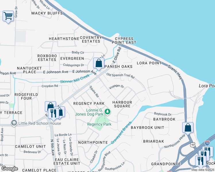 map of restaurants, bars, coffee shops, grocery stores, and more near 8390 Harbor Square Drive in Pensacola