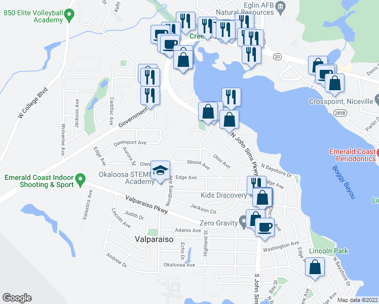 map of restaurants, bars, coffee shops, grocery stores, and more near 351 Glendale Avenue in Valparaiso