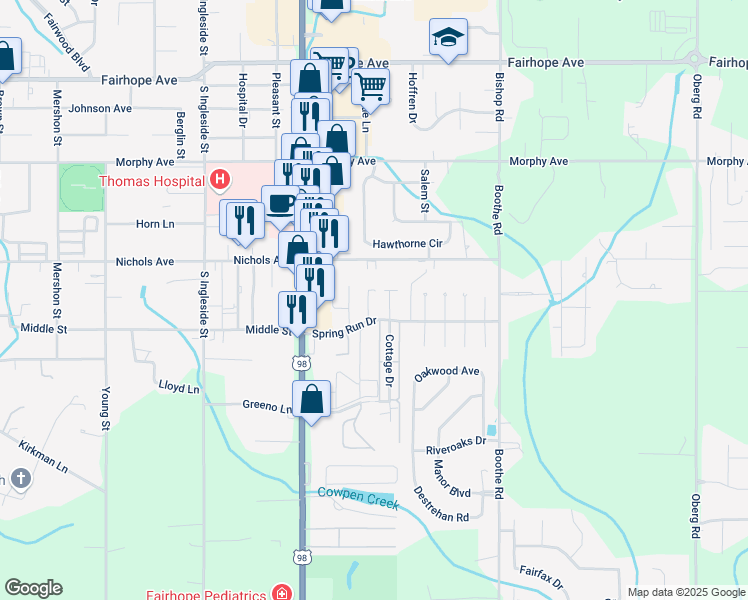 map of restaurants, bars, coffee shops, grocery stores, and more near 199 Spring Run Drive in Fairhope