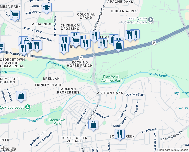 map of restaurants, bars, coffee shops, grocery stores, and more near 171 North A.W. Grimes Boulevard in Round Rock