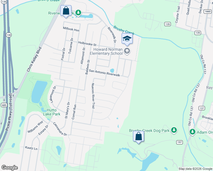 map of restaurants, bars, coffee shops, grocery stores, and more near 209 Frio River Trail in Hutto