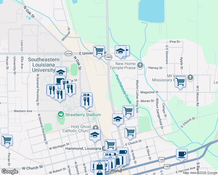 map of restaurants, bars, coffee shops, grocery stores, and more near 1005 North Cherry Street in Hammond