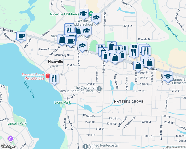 map of restaurants, bars, coffee shops, grocery stores, and more near 1011 Julia Avenue in Niceville