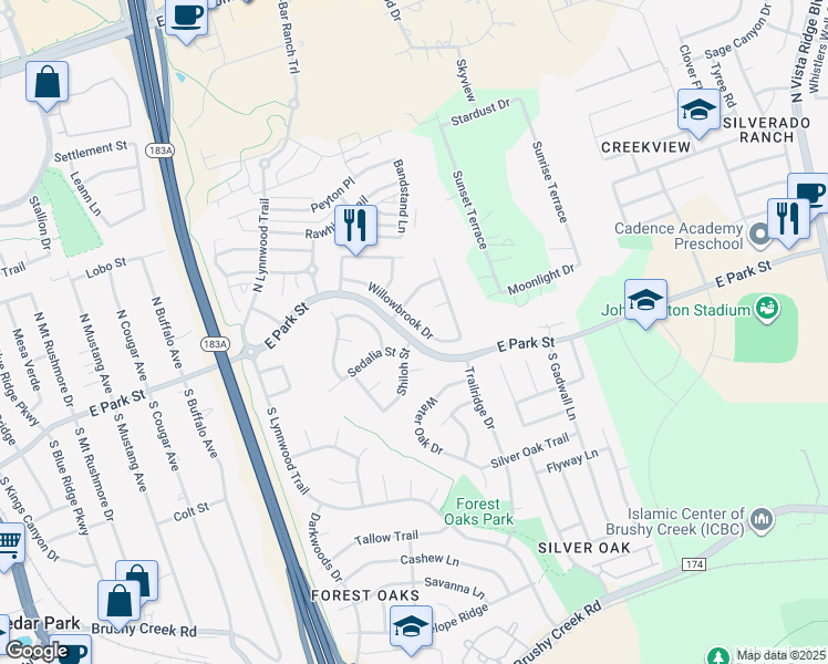 map of restaurants, bars, coffee shops, grocery stores, and more near 1201 Shiloh Street in Cedar Park