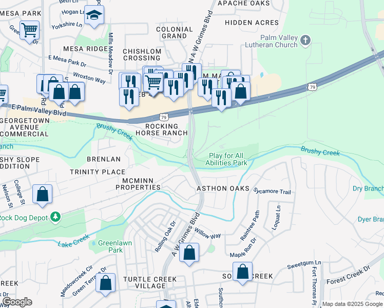 map of restaurants, bars, coffee shops, grocery stores, and more near 171 North A.W. Grimes Boulevard in Round Rock